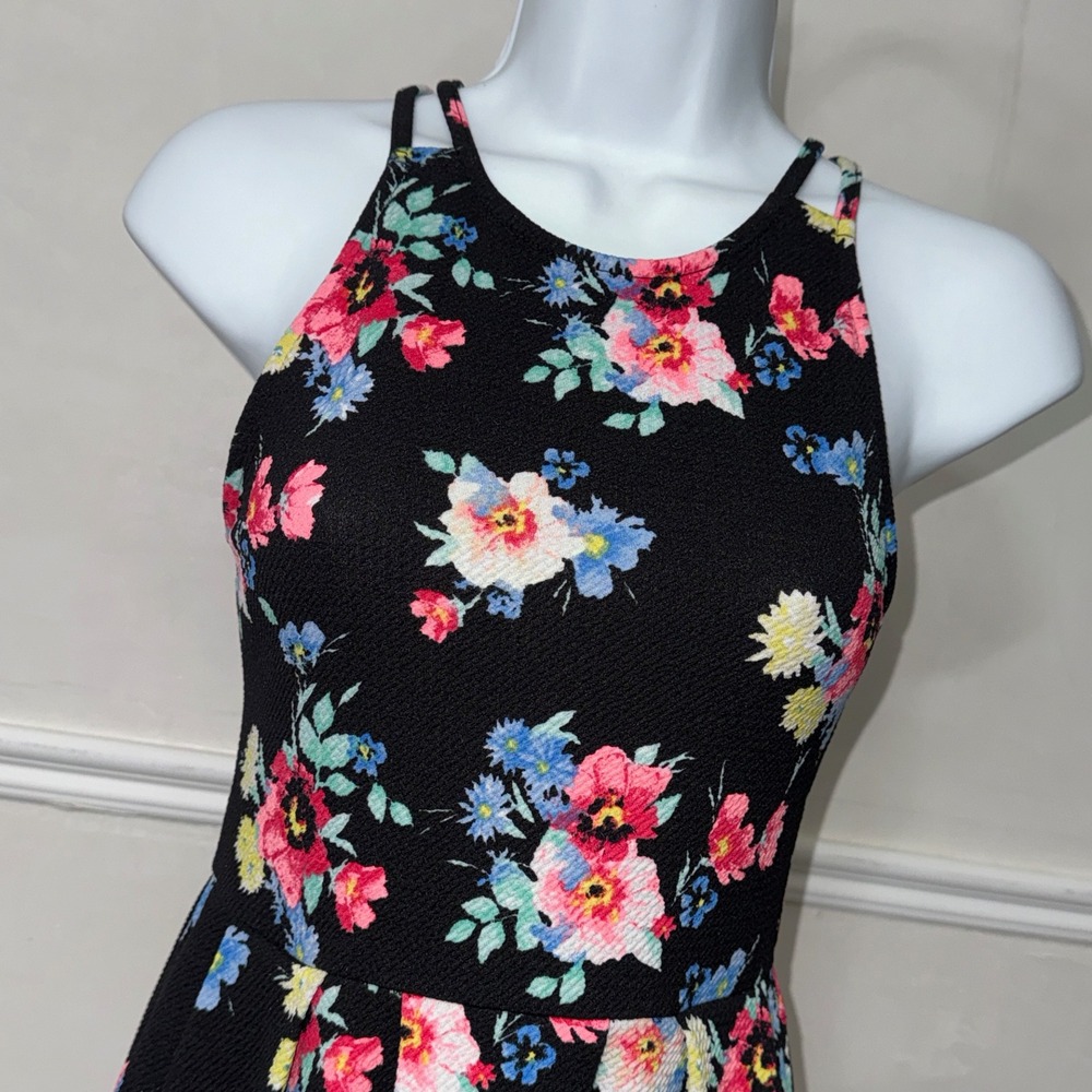 SO Womens Floral Skater Dress Black Pink Blue Halter Neck Strappy Back PocketsXS